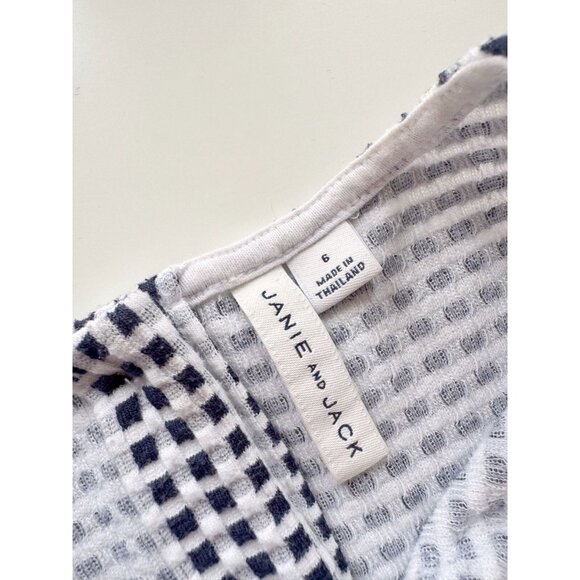 Girls' JANIE AND JACK Navy Blue White Mini Check Jacquard Knit Bow Dress, Size 6 - Picture 9 of 11